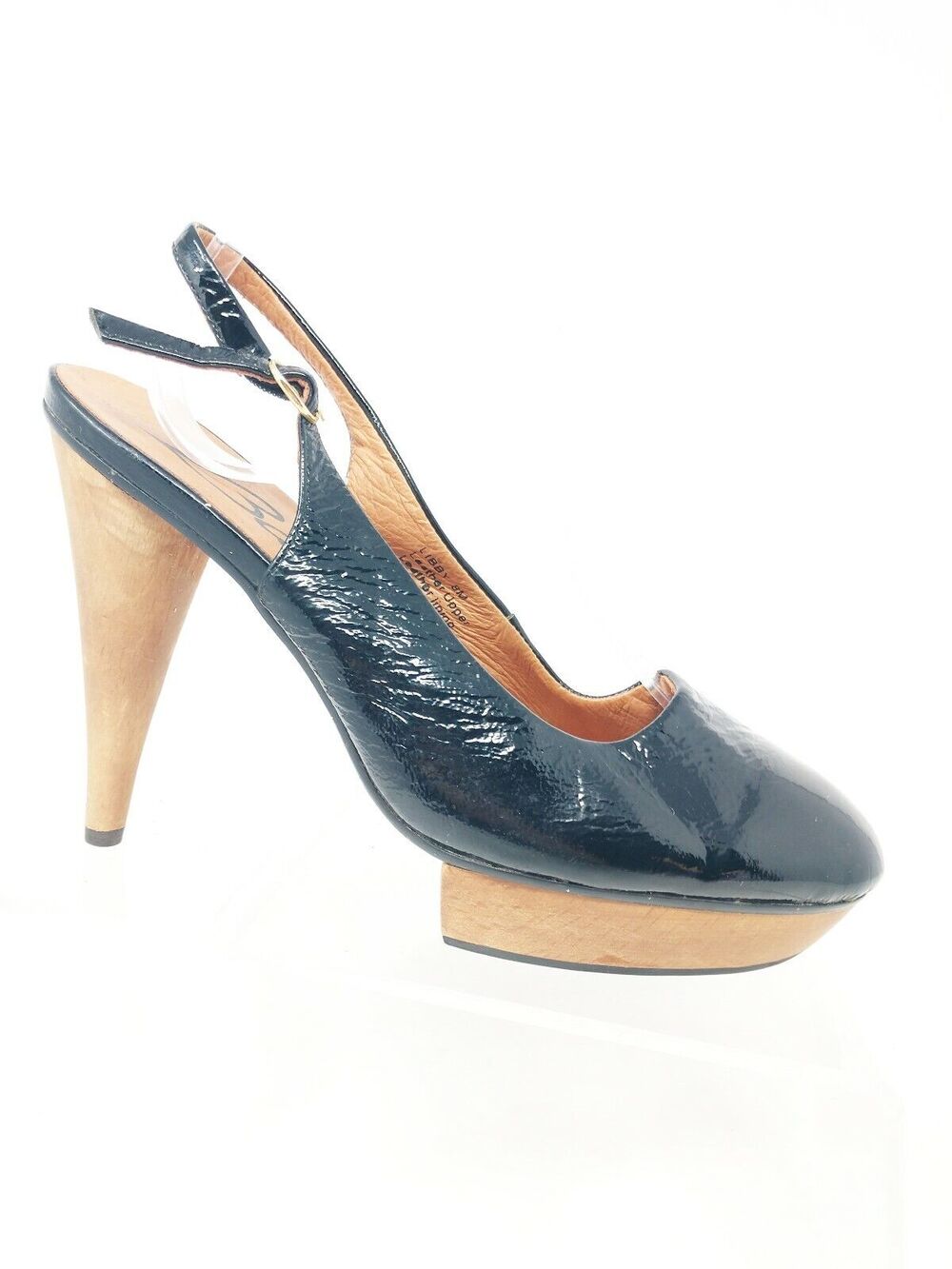 Baci Black Patent Leather Pumps Platforms Wood Heels Round Toe Designer Style 8M